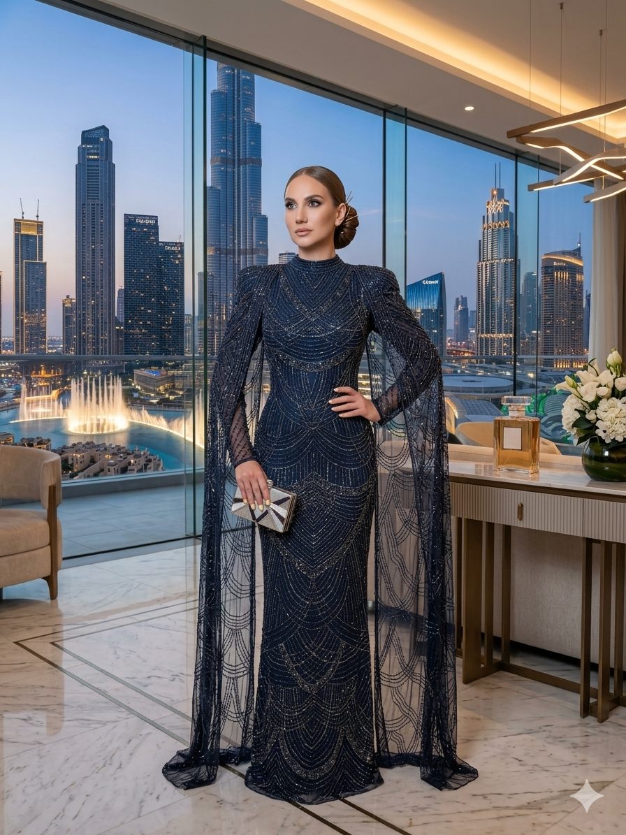 Black Beaded Cape Evening Dress | Gallant Couture