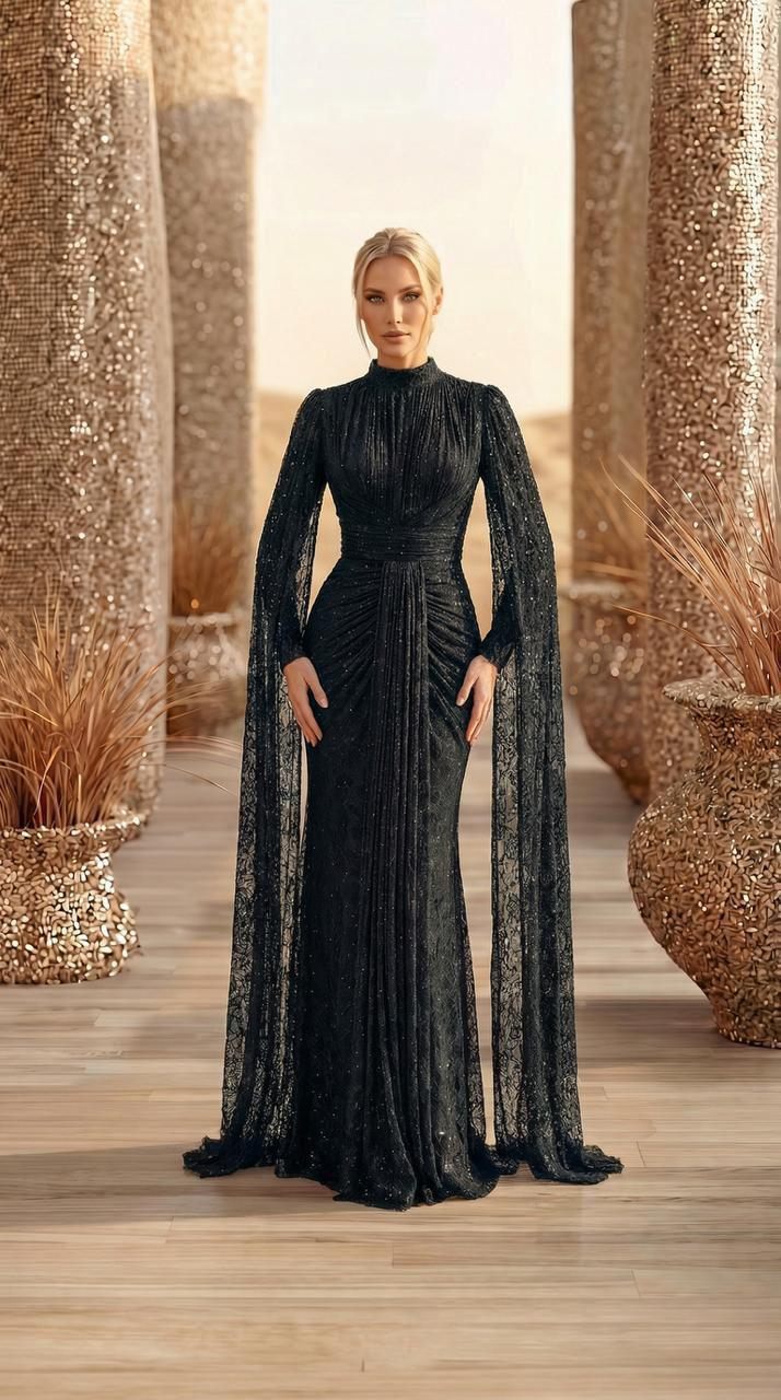 Black Beaded Cape Evening Gown | Gallant Couture