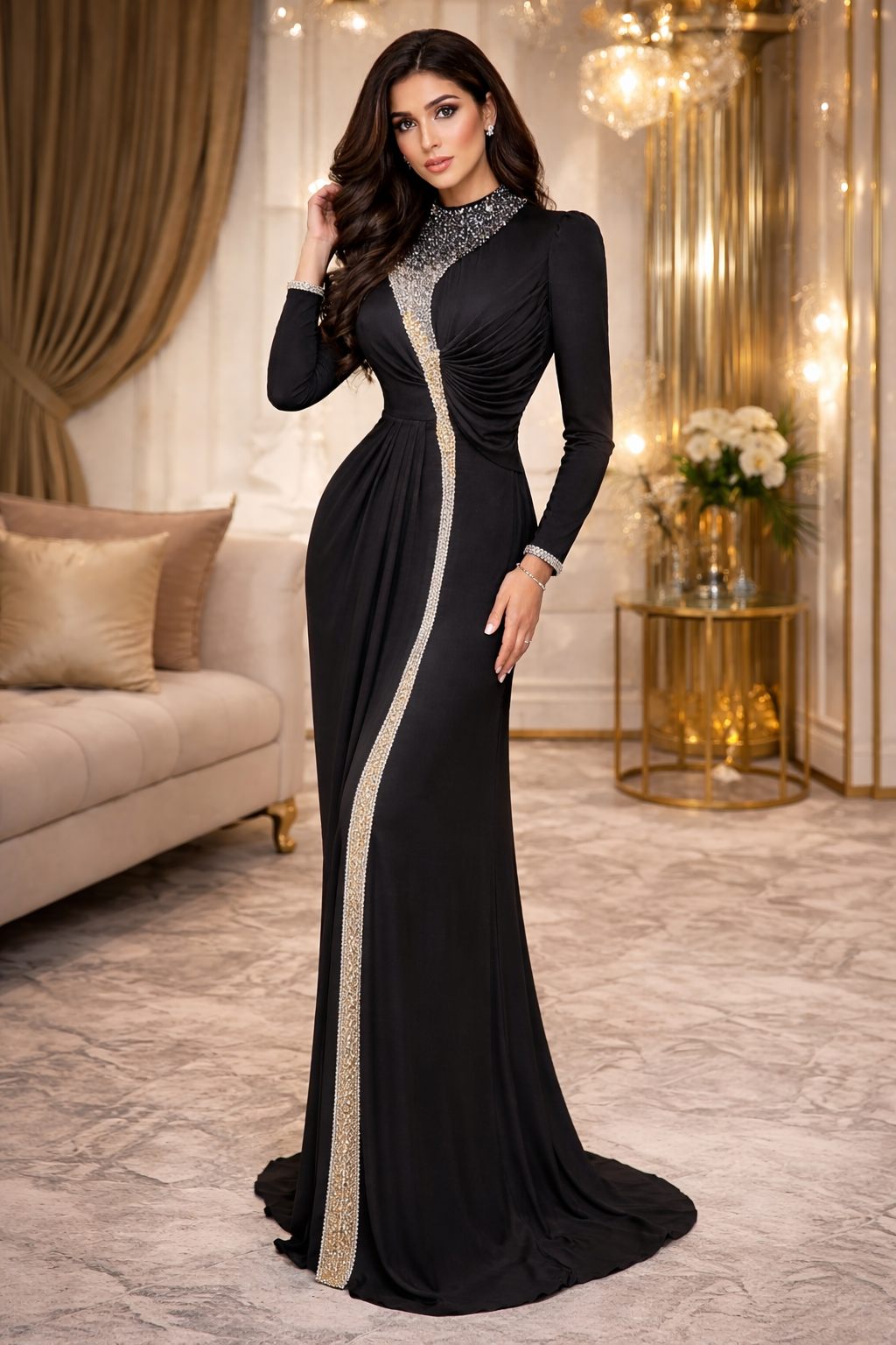 Black Draped Crystal Detail Evening Gown | Gallant Couture
