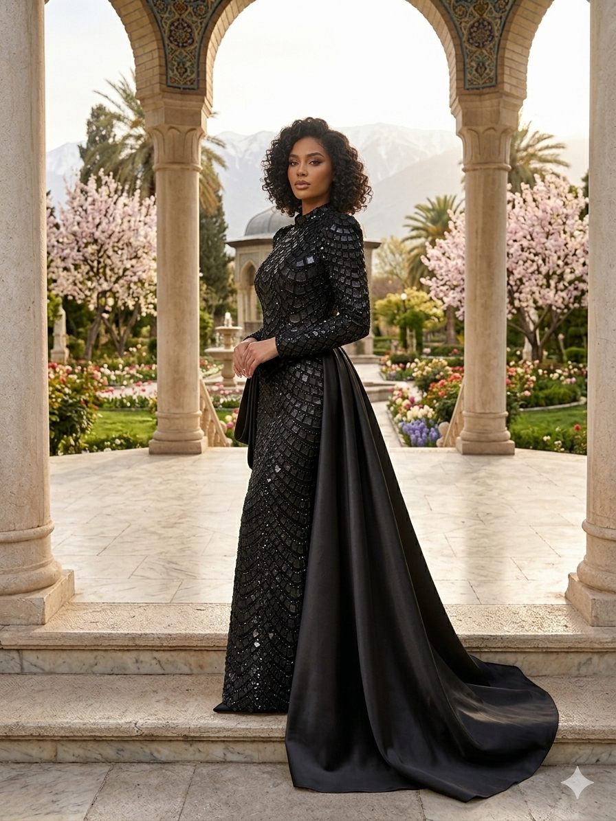 Black Embroidered Cape Evening Gown | Gallant Couture
