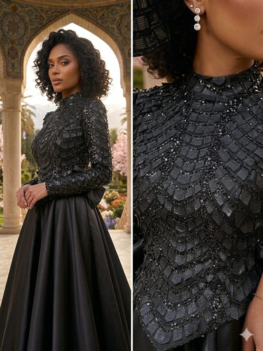 Black Embroidered Cape Evening Gown | Gallant Couture