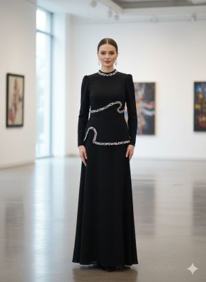 Black Embroidered Panel Evening Dress | Gallant Couture