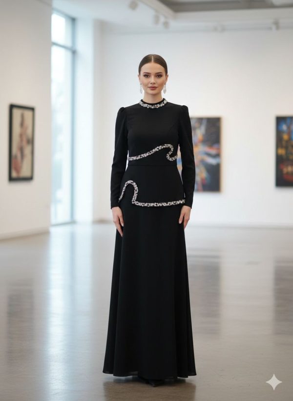 Black Embroidered Panel Evening Dress | Gallant Couture
