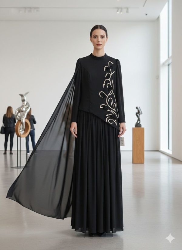 Black Embroidered Panel Evening Dress | Gallant Couture