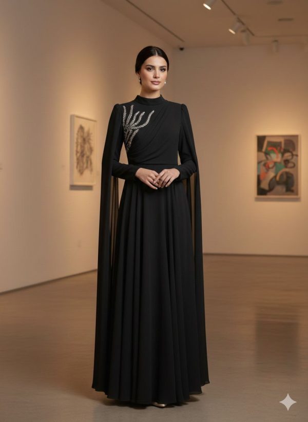 Black Embroidered Panel Evening Dress | Gallant Couture