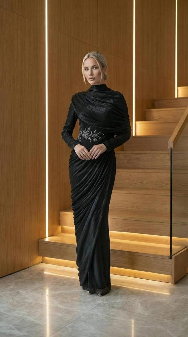 Black Embroidered Panel Evening Dress | Gallant Couture