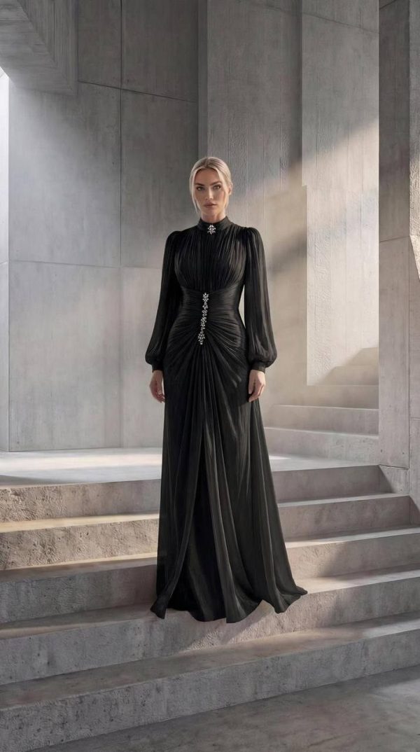 Black Embroidered Panel Evening Dress | Gallant Couture