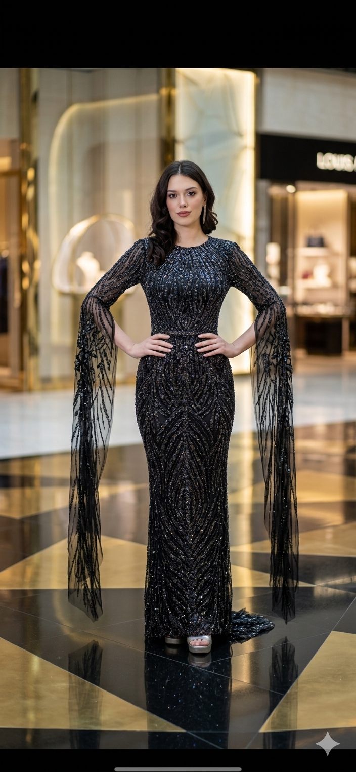 Black Fringe Beaded Evening Dress | Gallant Couture