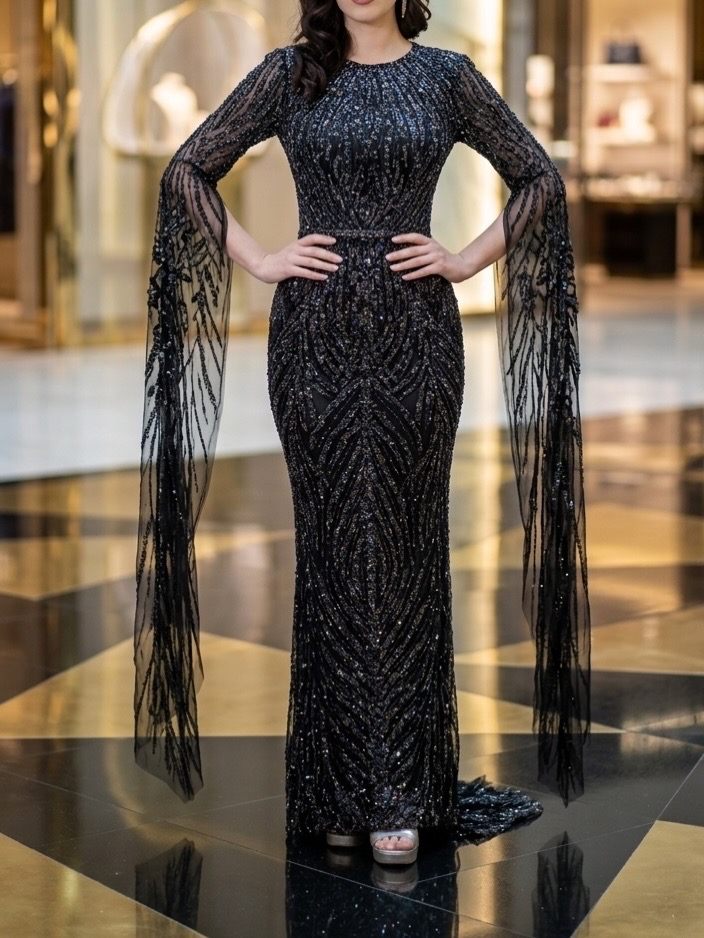Black Fringe Beaded Evening Dress | Gallant Couture