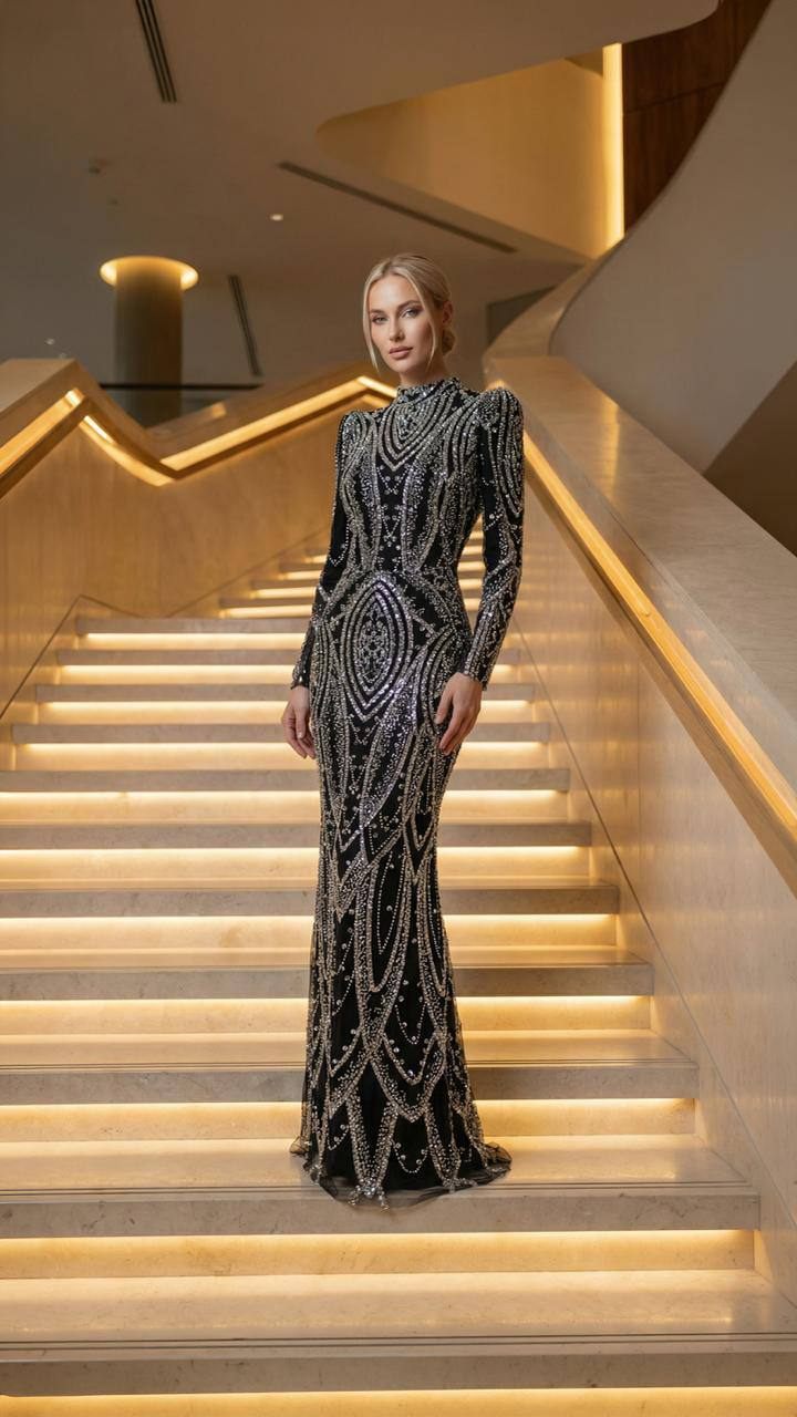 Gallant Couture black gold embellished evening dress
