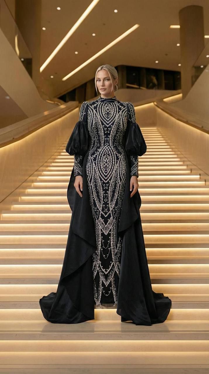 Black Pleated Cape Evening Dress | Gallant Couture