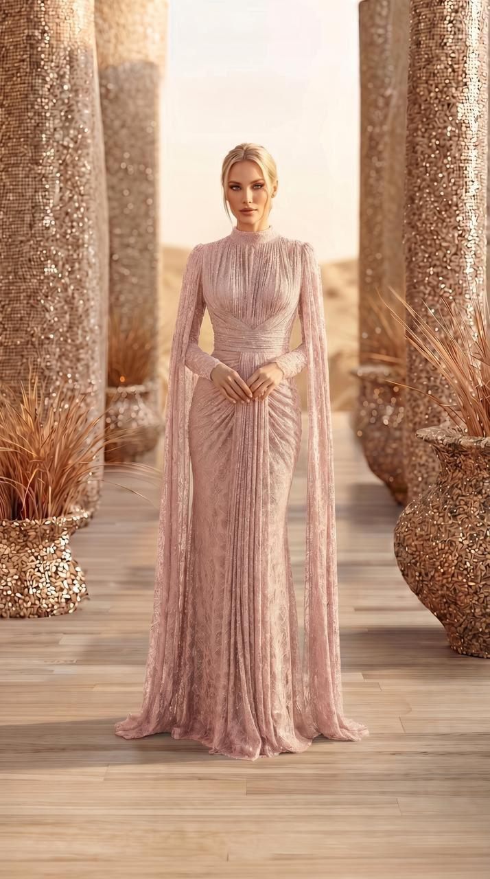 Blush Beaded Cape Evening Gown | Gallant Couture