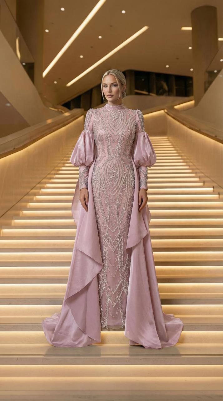 Blush Pleated Cape Evening Dress | Gallant Couture
