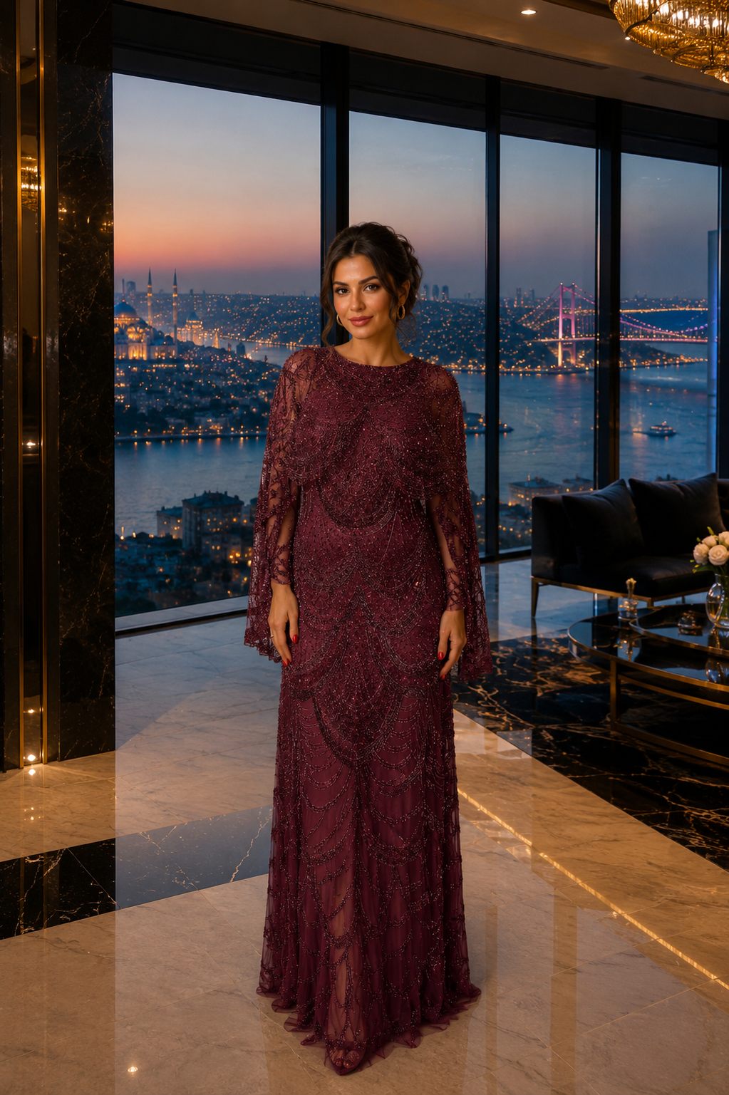 Burgundy Beaded Cape Evening Gown | Gallant Couture