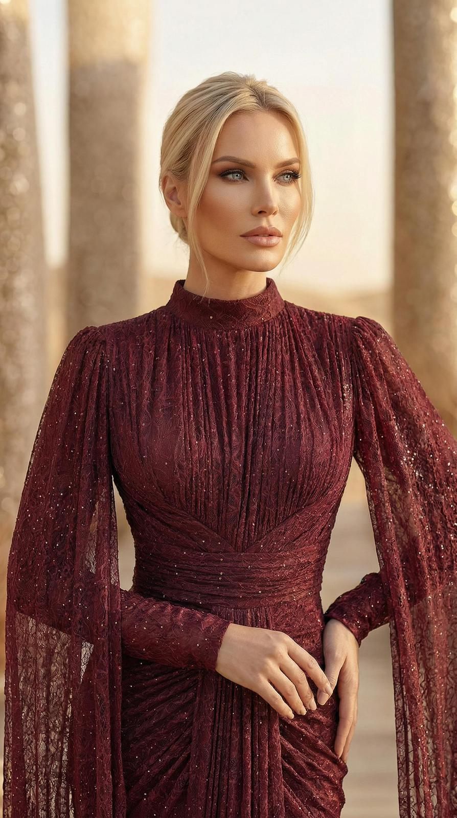 Burgundy Beaded Cape Evening Gown | Gallant Couture