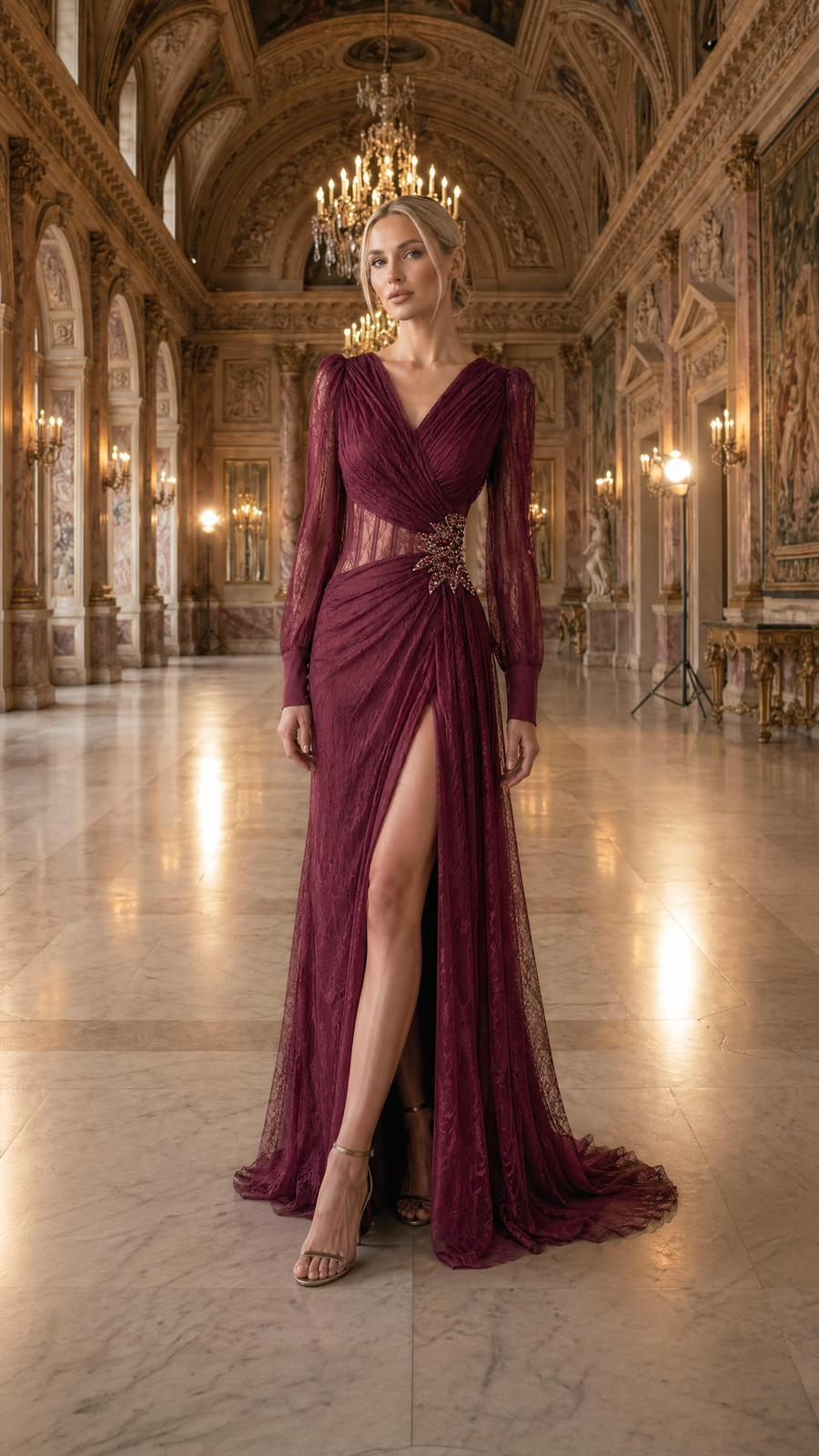 Burgundy Satin Slit Evening Dress | Gallant Couture