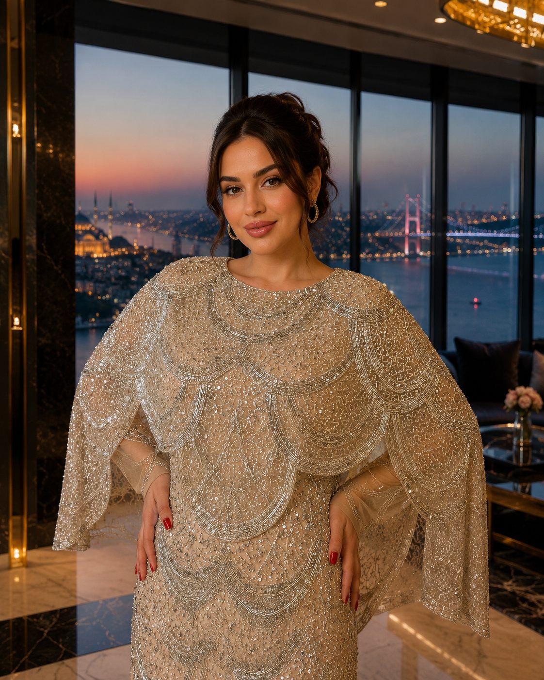 Champagne Beaded Cape Evening Gown | Gallant Couture