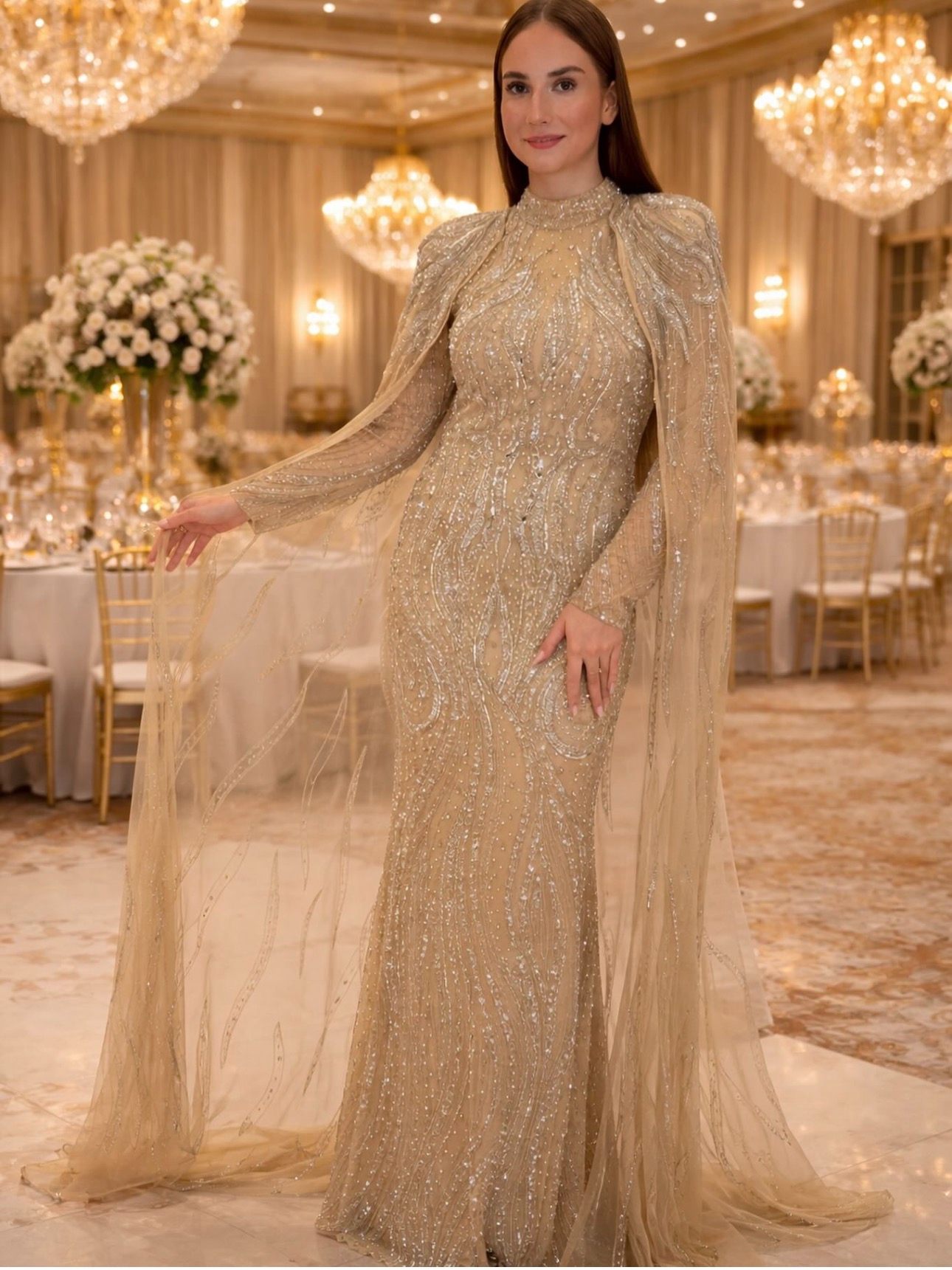 Gallant Couture champagne crystal evening gown