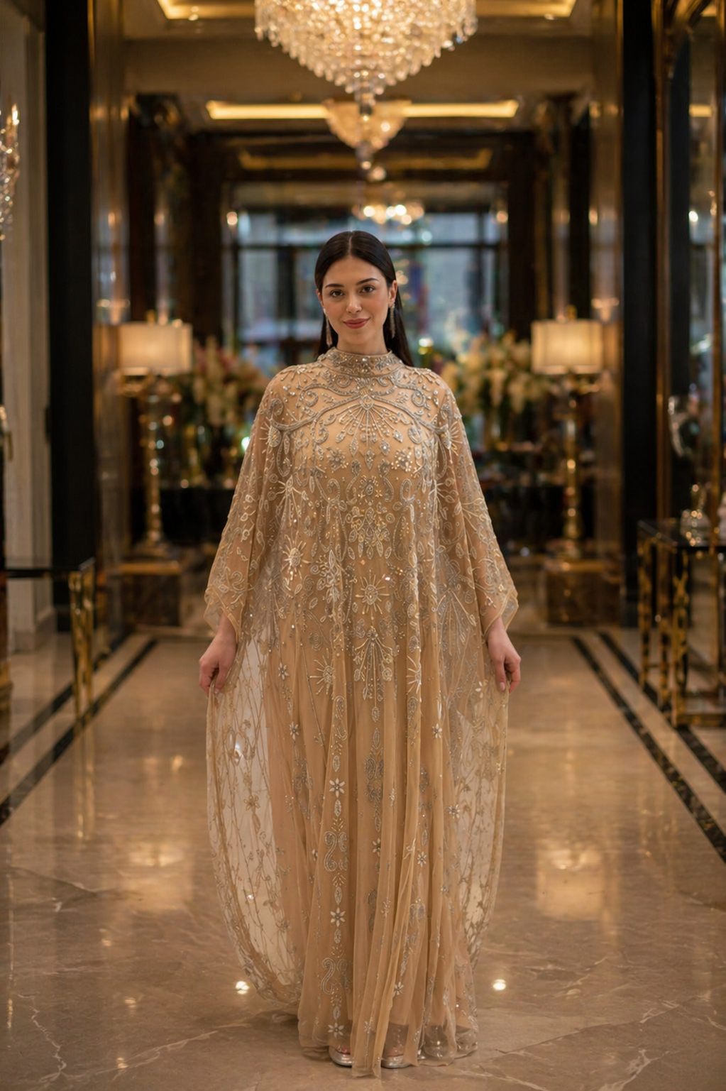 Champagne Crystal Cape Evening Gown | Gallant Couture