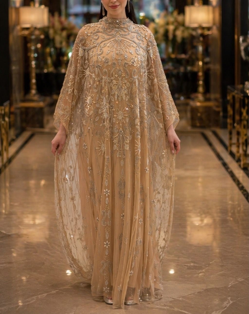 Champagne Crystal Cape Evening Gown | Gallant Couture