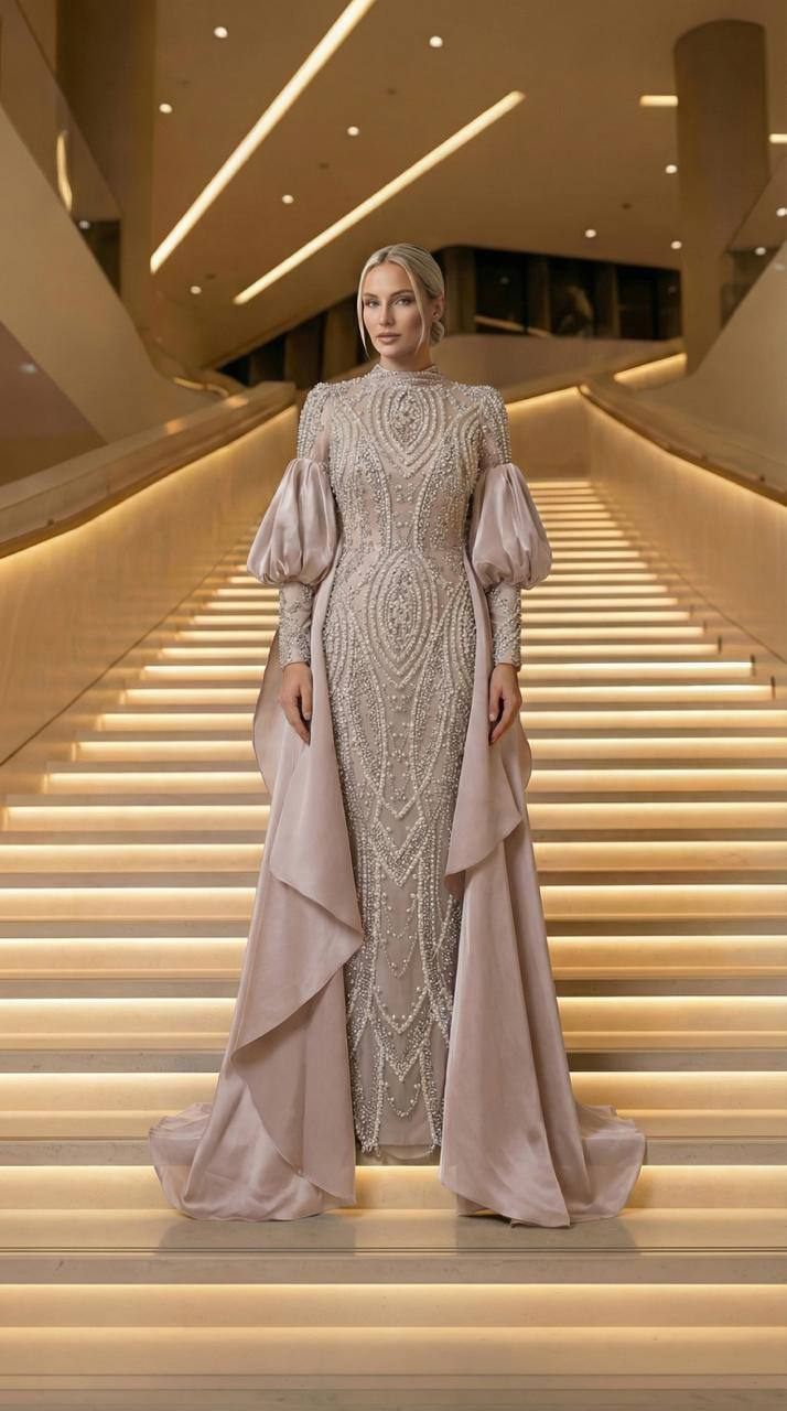 Champagne Pleated Cape Evening Dress | Gallant Couture