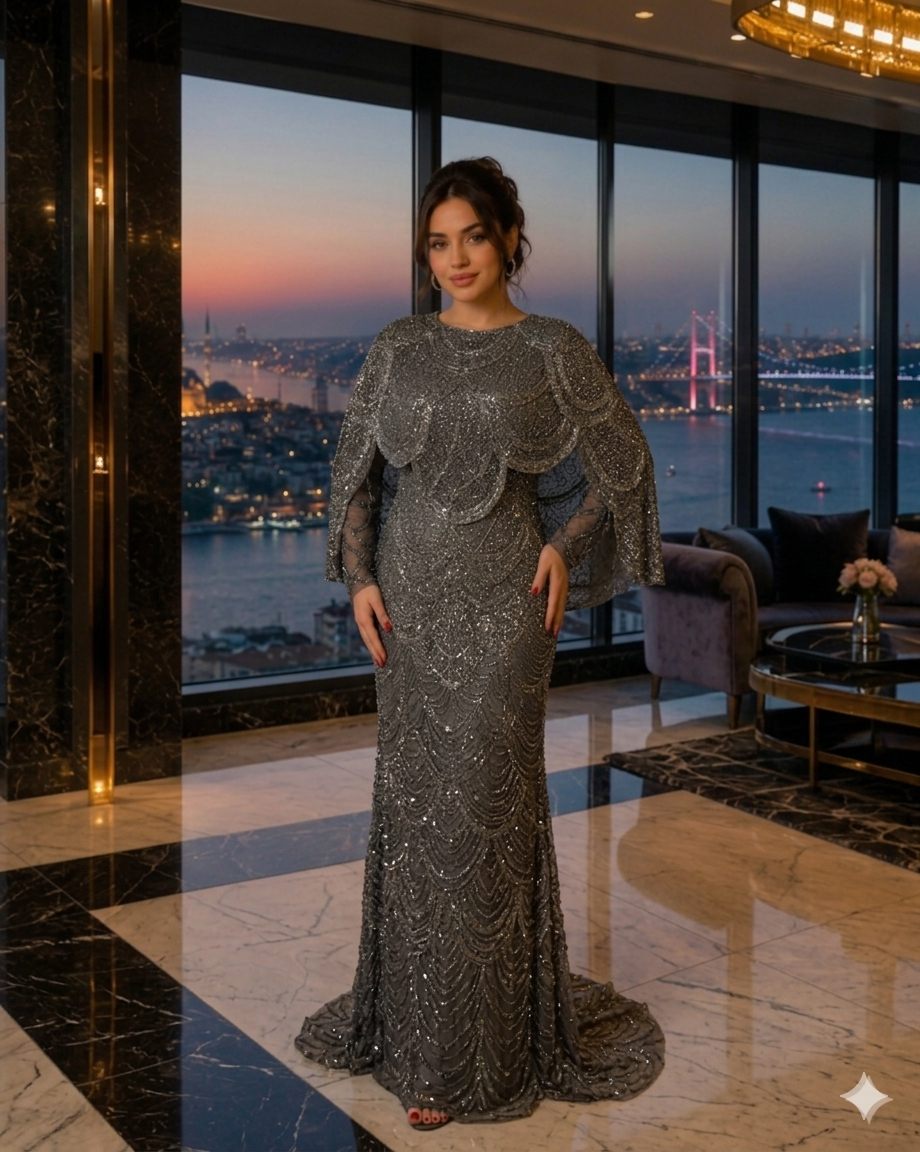 Charcoal Beaded Cape Evening Gown | Gallant Couture
