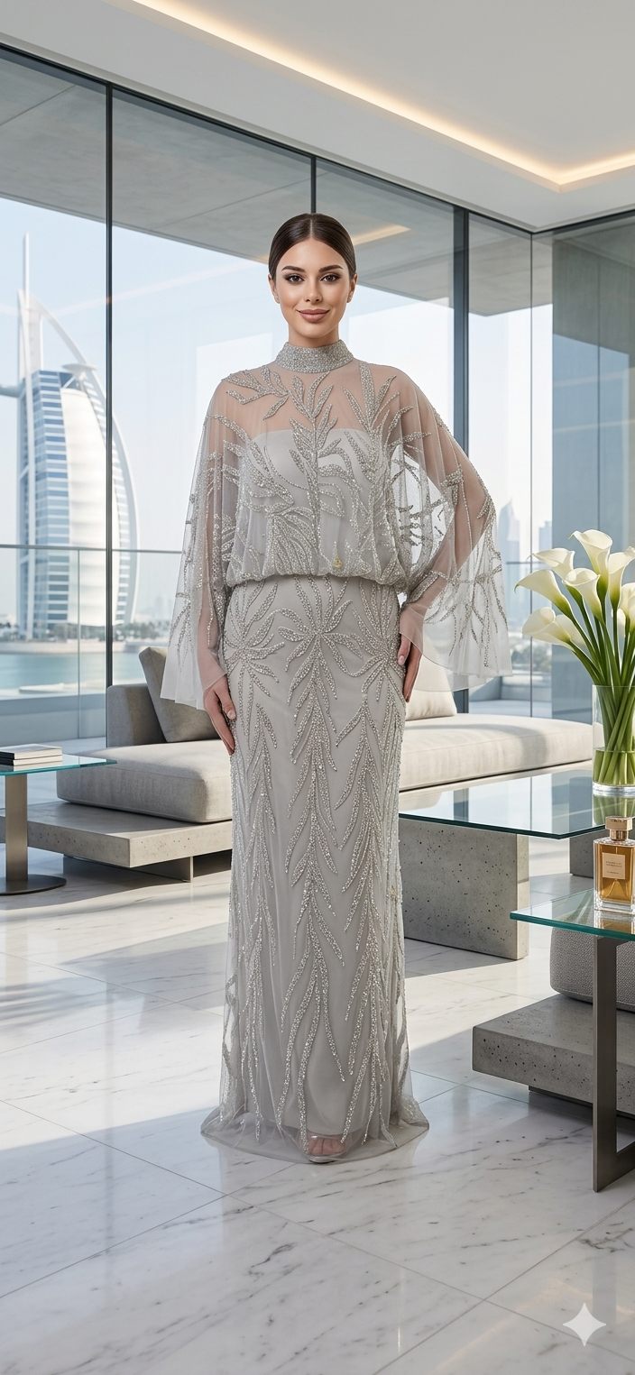 Grey Pearl Chiffon Evening Dress | Gallant Couture