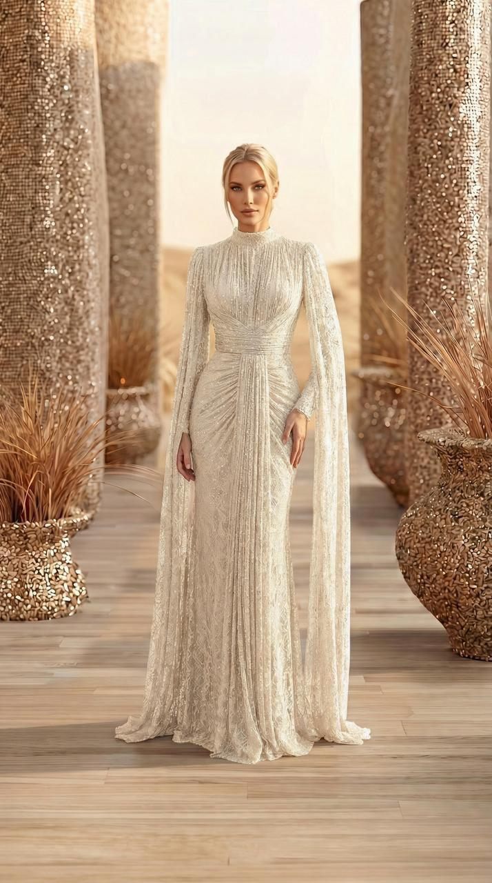 Ivory Beaded Cape Evening Gown | Gallant Couture