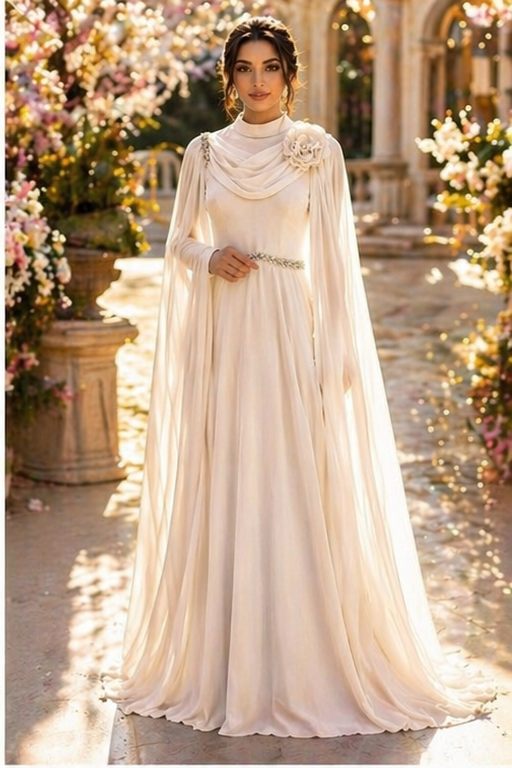 Ivory Draped Cape Formal Gown | Gallant Couture