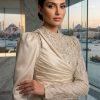 Ivory Draped High-Neck Formal Gown | Gallant Couture
