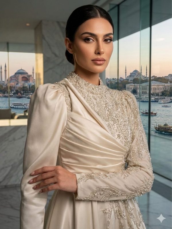 Ivory Draped High-Neck Formal Gown | Gallant Couture