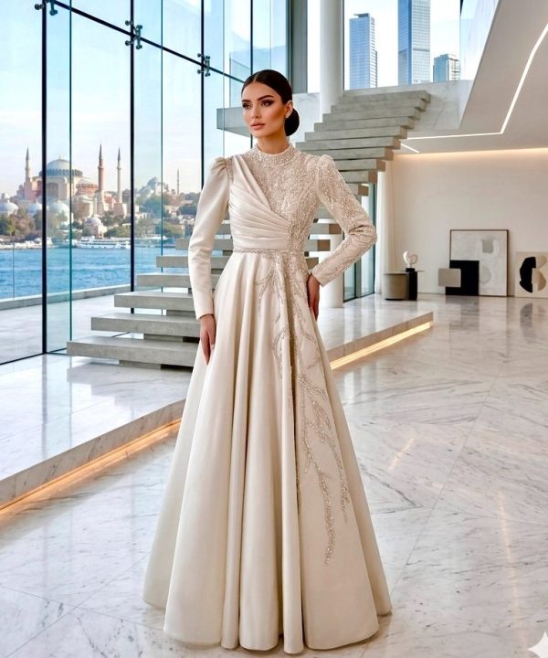 Ivory Draped High-Neck Formal Gown | Gallant Couture