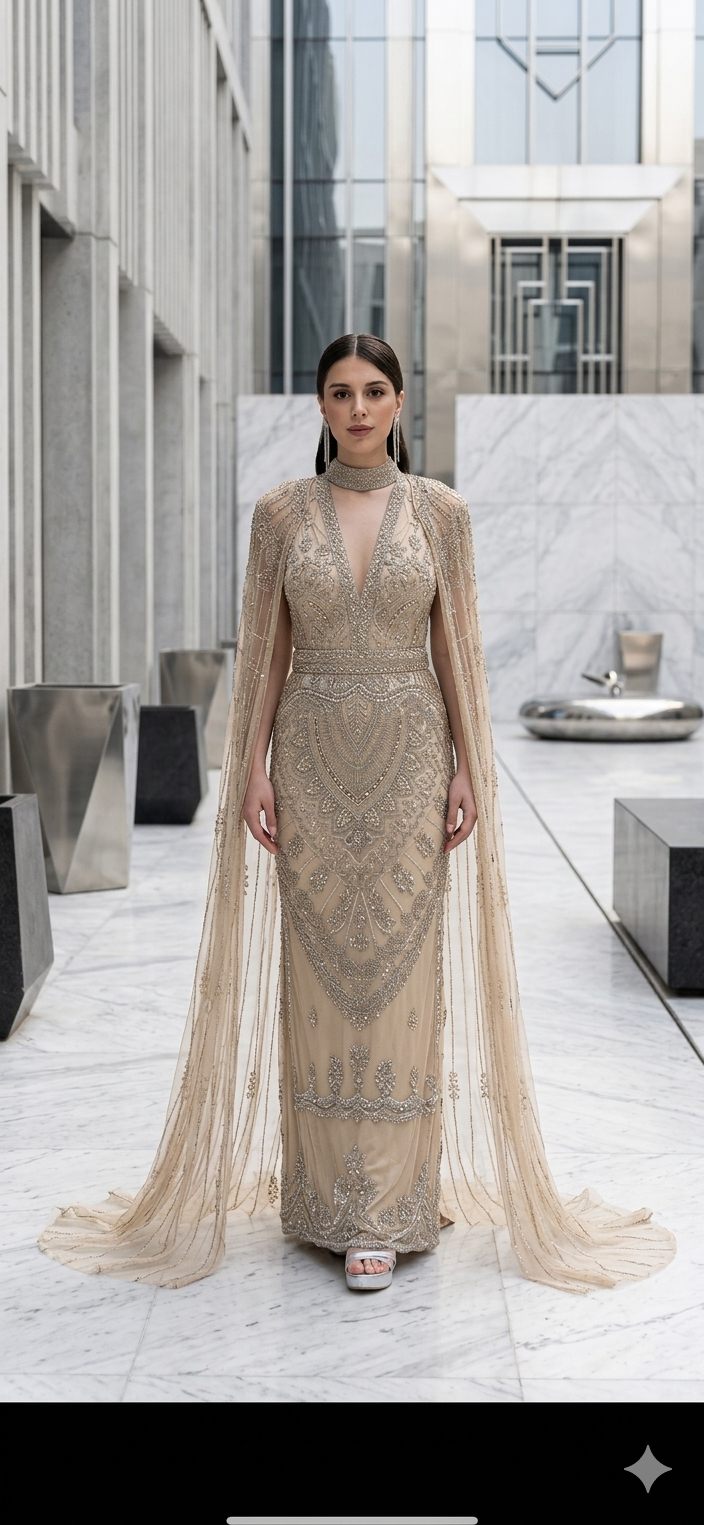 Ivory Sheer Embroidered Evening Gown | Gallant Couture
