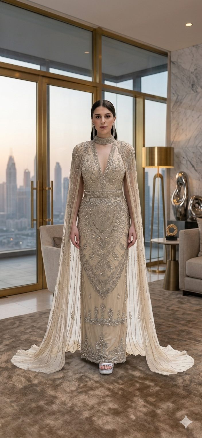 Ivory Sheer Embroidered Evening Gown | Gallant Couture