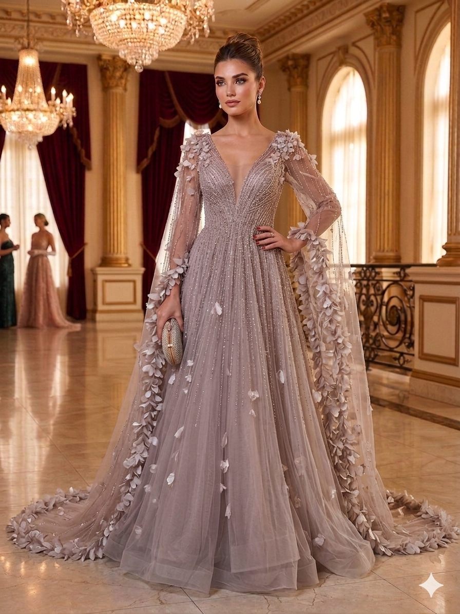 Lavender Sheer Cape Luxury Gown | Gallant Couture