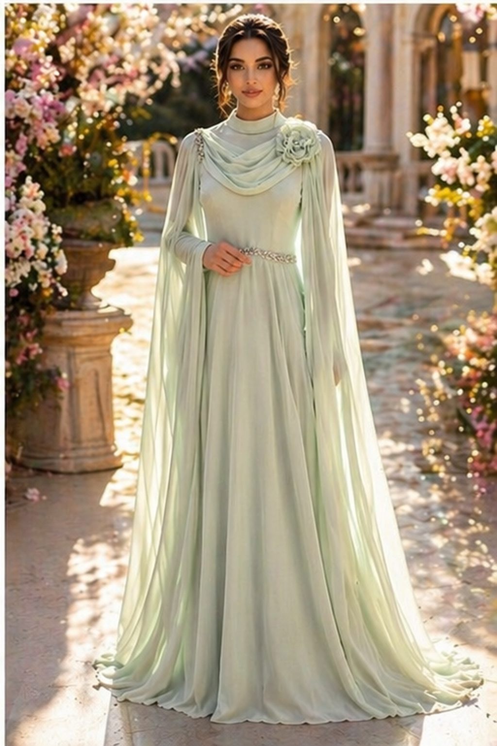Mint Draped Cape Formal Gown | Gallant Couture