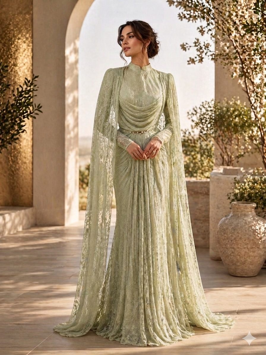 Mint Draped Cape Formal Gown | Gallant Couture
