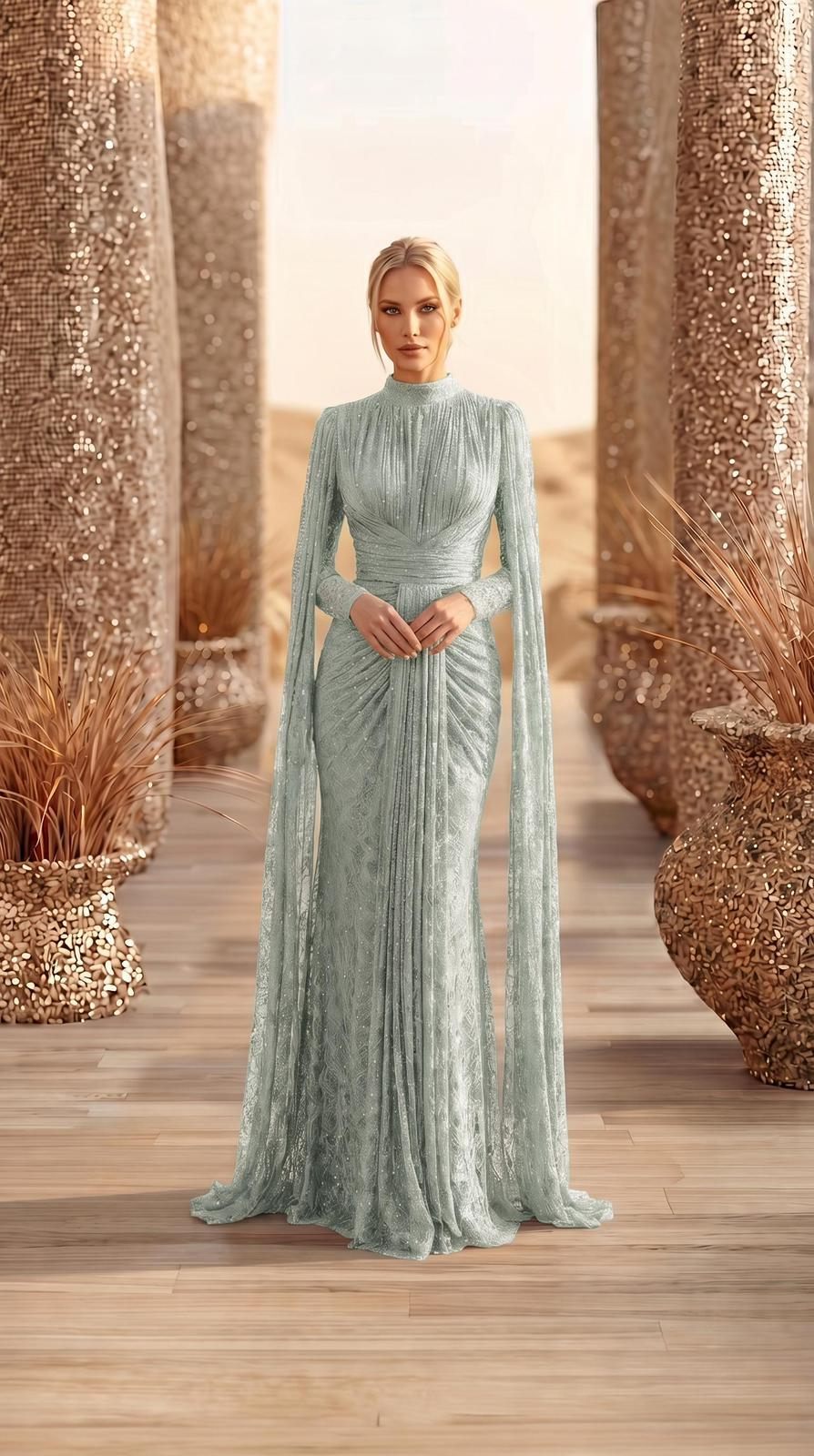 Mint Green Beaded Cape Evening Gown | Gallant Couture