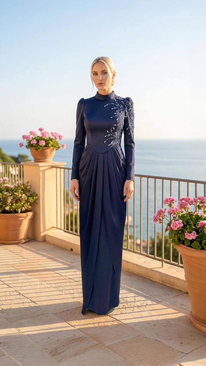 Navy Draped Formal Evening Dress | Gallant Couture