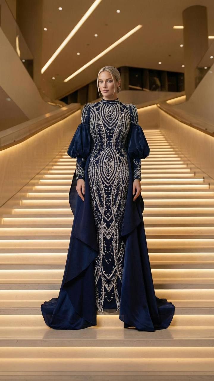 Navy Pleated Cape Evening Dress | Gallant Couture