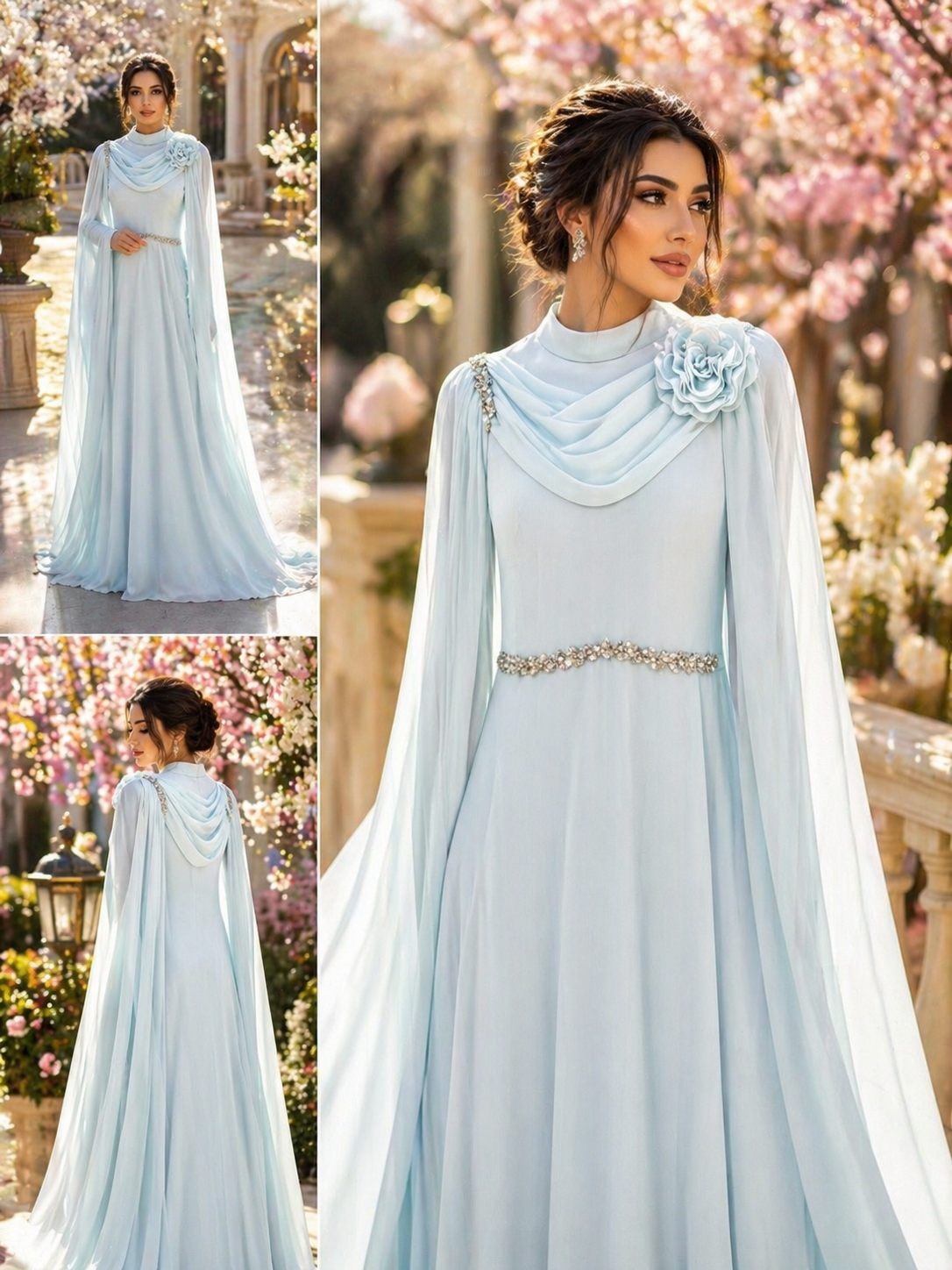 Powder Blue Draped Cape Formal Dress | Gallant Couture