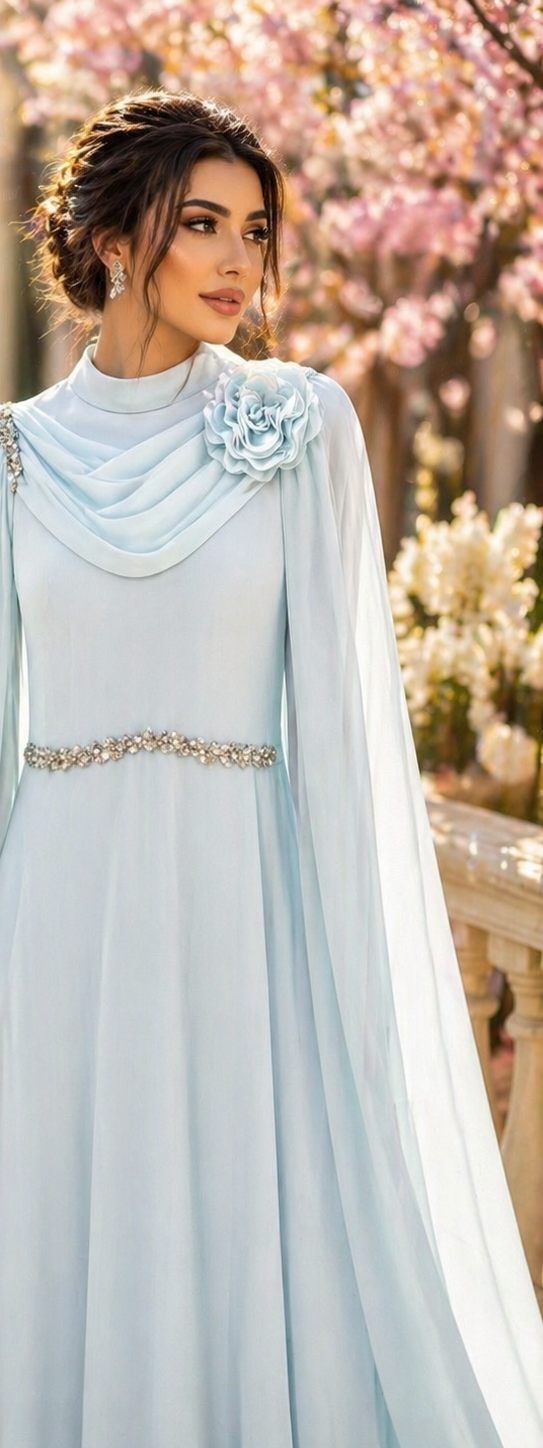 Powder Blue Draped Cape Formal Dress | Gallant Couture