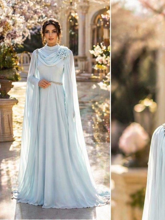 Powder Blue Draped Cape Formal Dress | Gallant Couture