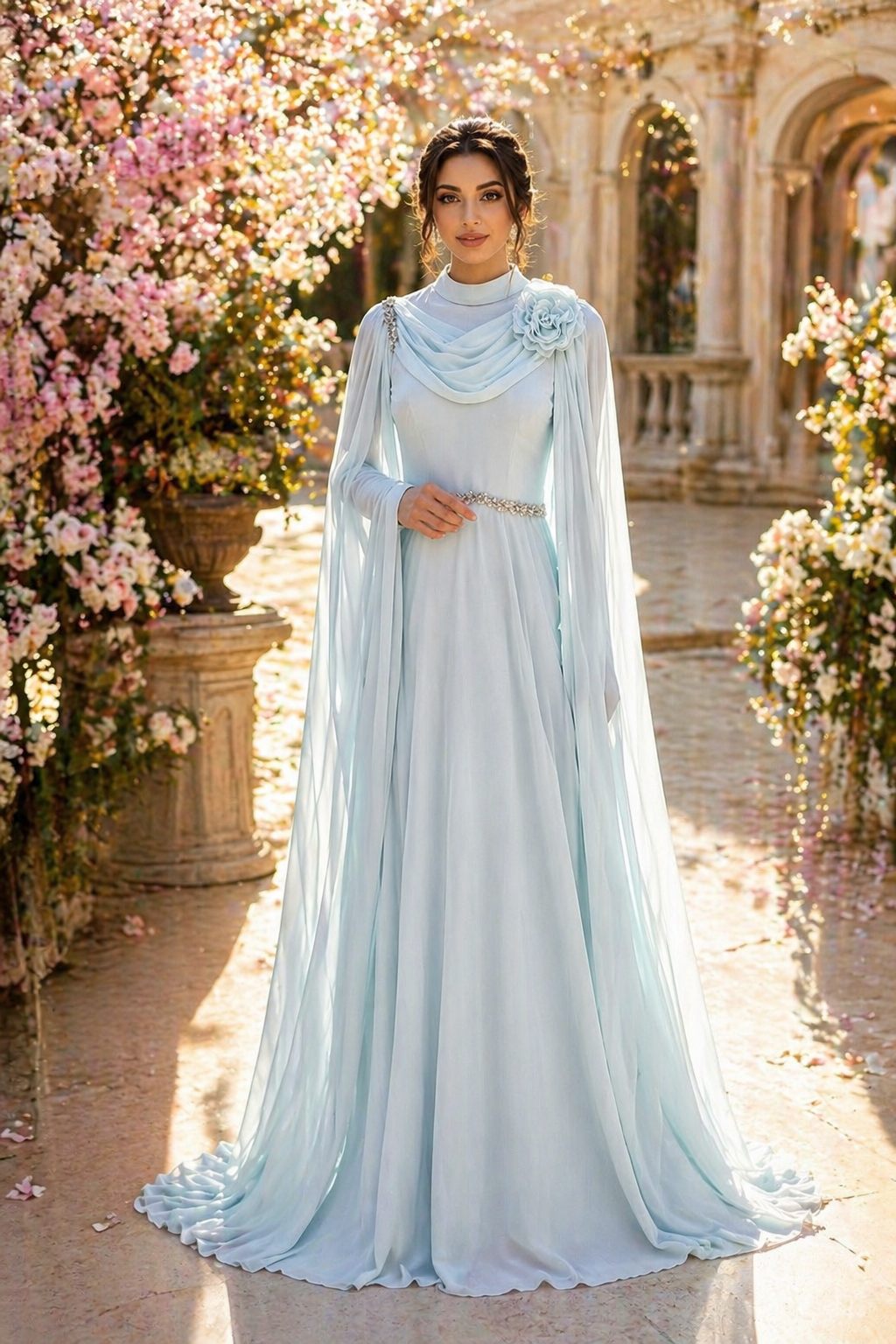 Powder Blue Draped Cape Formal Dress | Gallant Couture
