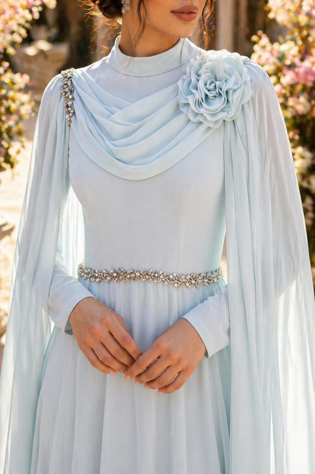 Powder Blue Draped Cape Formal Dress | Gallant Couture