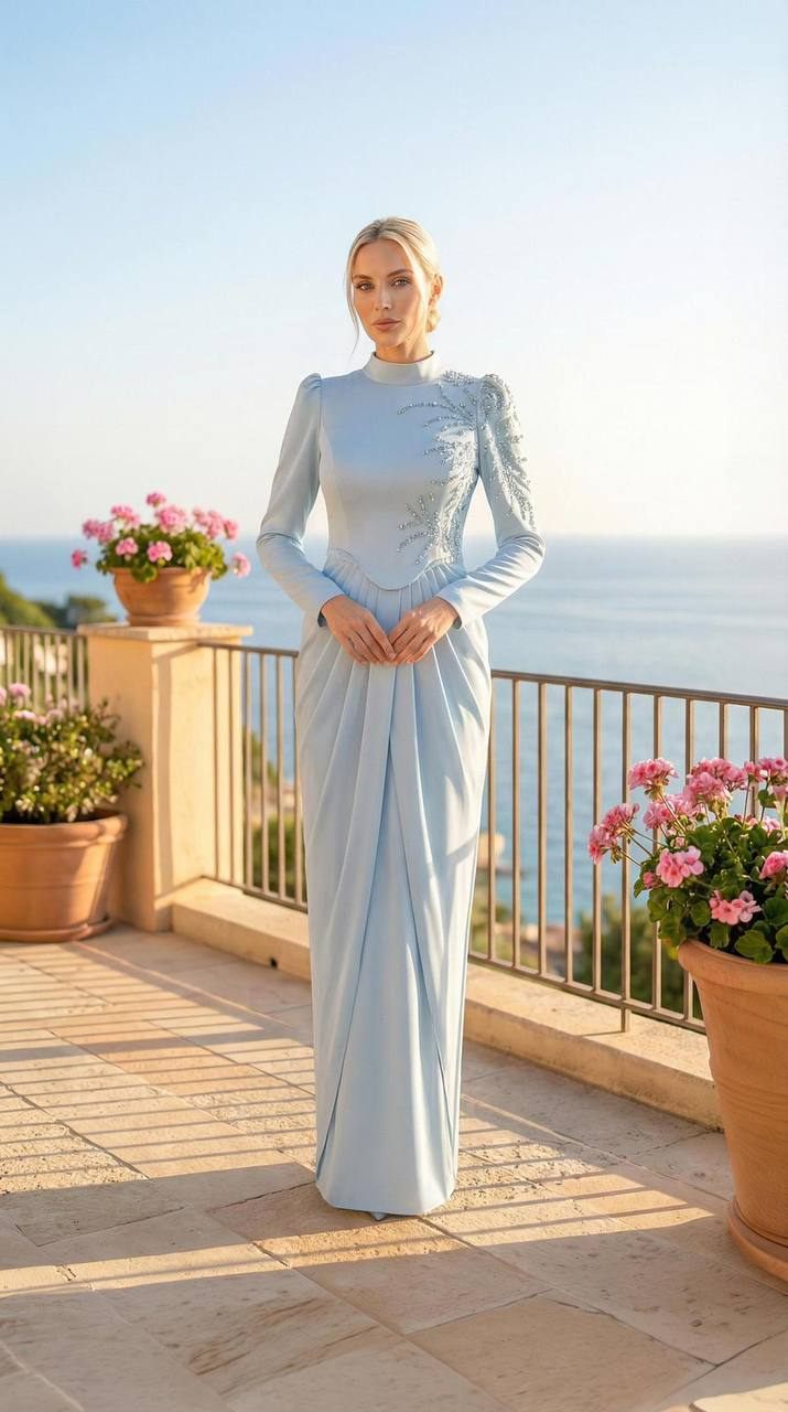 Powder Blue Draped Formal Evening Dress | Gallant Couture