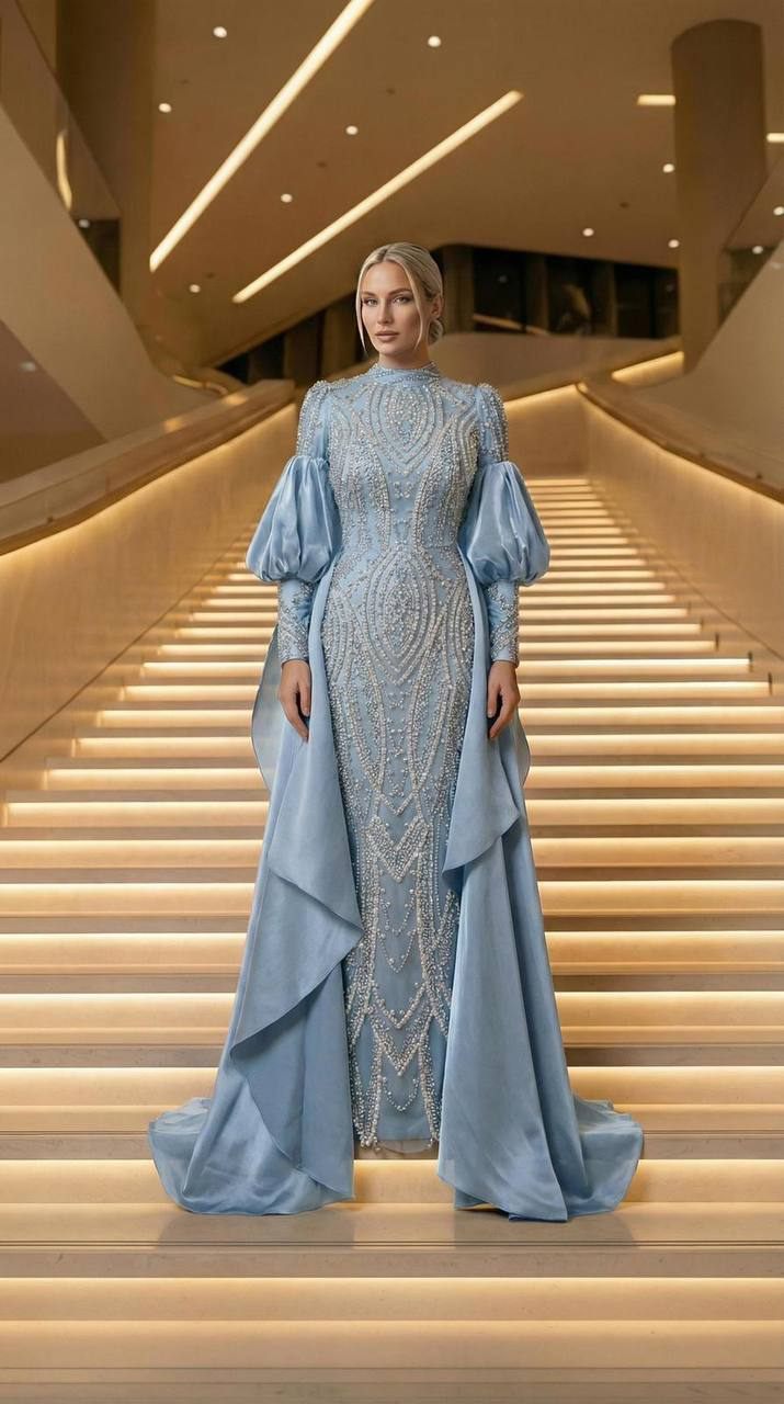 Powder Blue Pleated Cape Evening Dress | Gallant Couture
