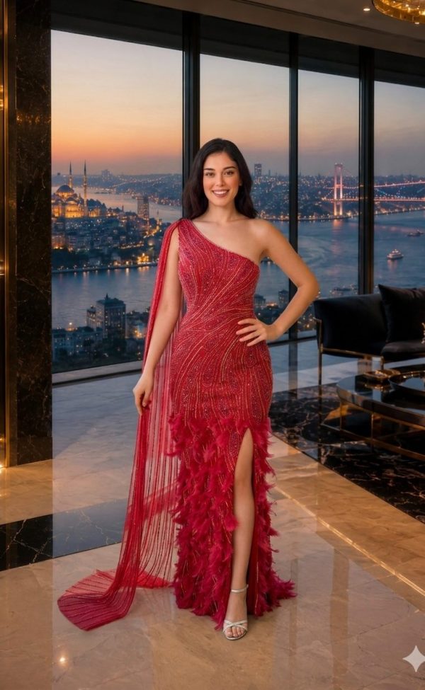 Red Feather Detail Evening Gown | Gallant Couture