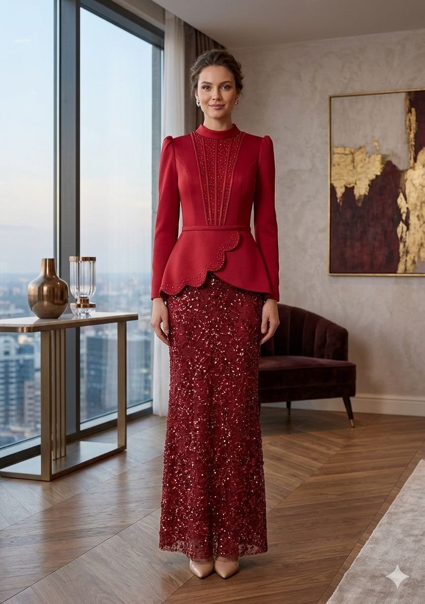 Ruby Red Embellished Evening Dress Set | Gallant Couture