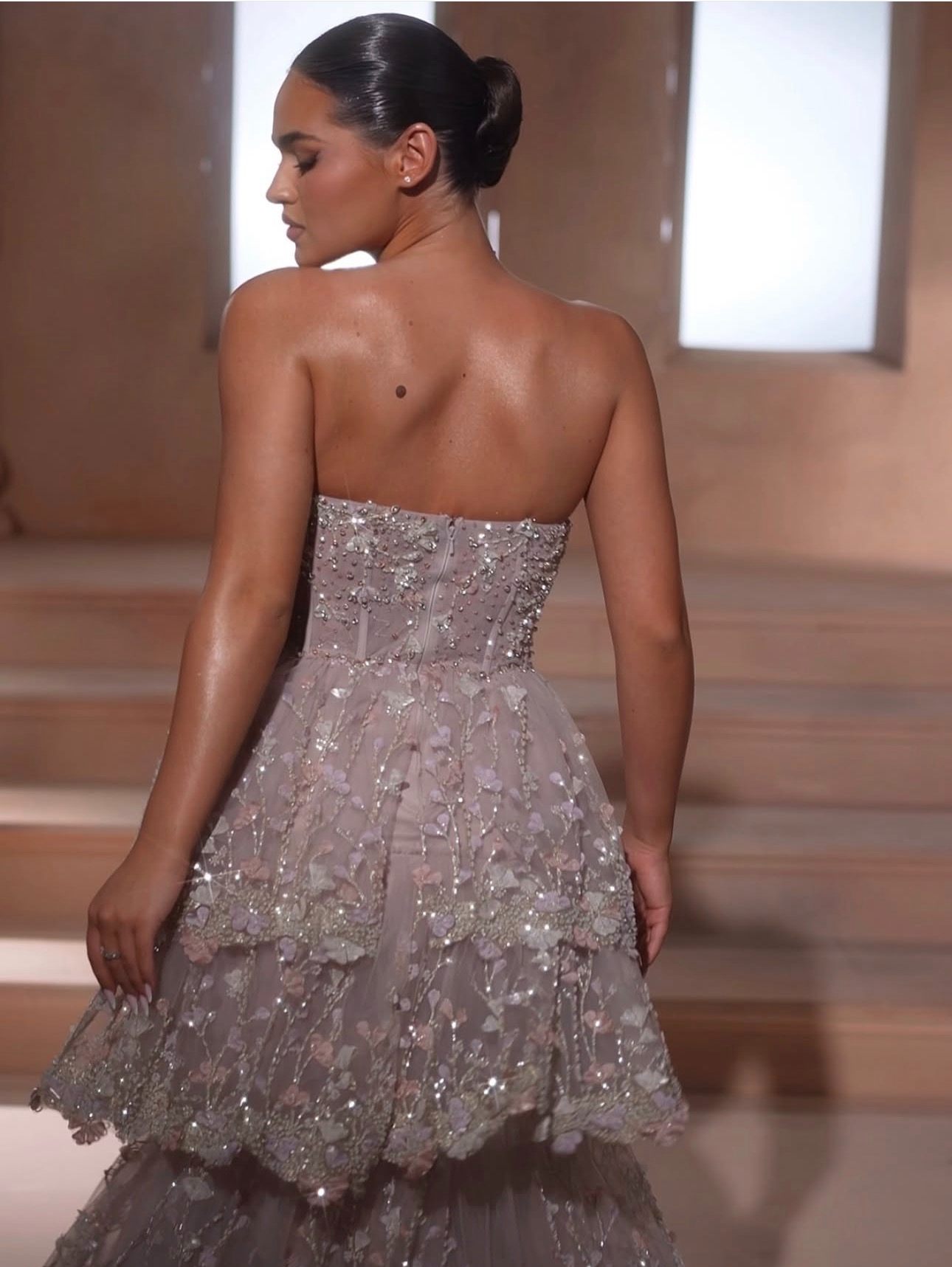 Gallant Couture silver crystal tiered cocktail dress